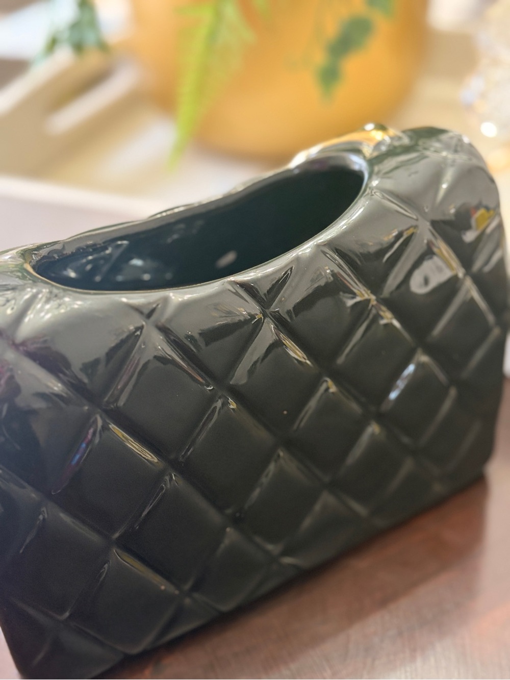 Elegant Ceramic Black Quilted Chain Bag Vase with Gold Hardware - Picture 10 of 10
